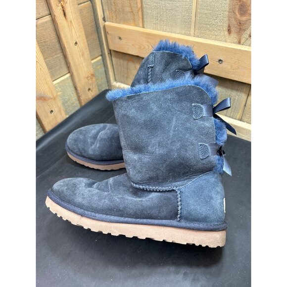 UGG Womens Mini Bailey Bow II Boots Size 7 Navy Blue Suede Shearling Warm Winter - Picture 6 of 9